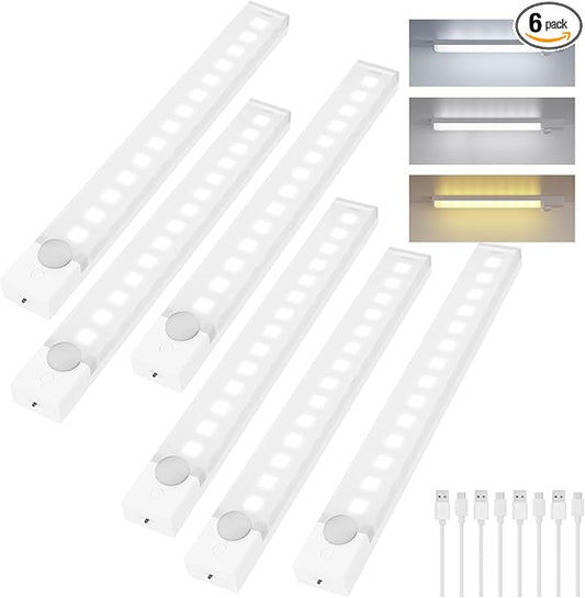 Under Cabinet Lighting 12 Inches Rechargeable Motion Sensor Light Indoor, 3 Color Dimmable Closet Light Battery Operated, USB Stick on LED Magnetic Under Counter Lights for Kitchen Stair, 6Packs