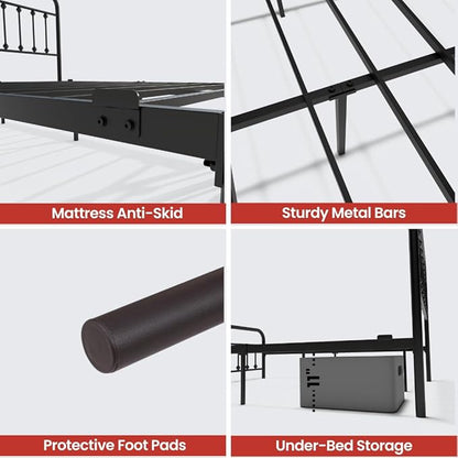Golden Gate Beds Victorian Vintage Style Metal Bed Frame with Wrought Iron Headboard and Footboard, Classic Platform Bedframe Storage, No Box Spring Needed, Mattress Foundation, Black, California King