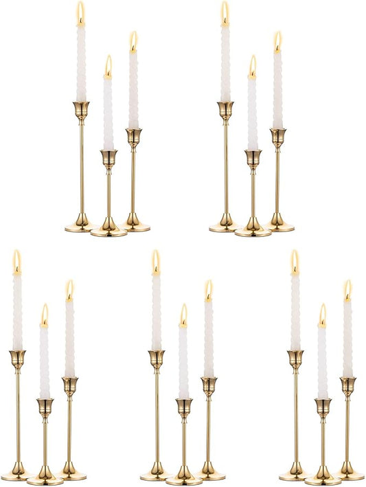 5 Sets(15 Pcs) Brass Gold Metal Taper Candle Holders Candlestick Holders, Vintage Modern Decorative Centerpiece Candlestick Holders for Table Mantel Wedding Housewarming Gift