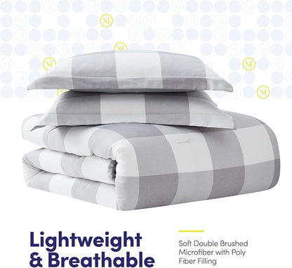 7 Piece Comforter Set Bag Solid Color All Season Soft Down Alternative Blanket & Luxurious Microfiber Bed Sheets, Queen, Checkered Box