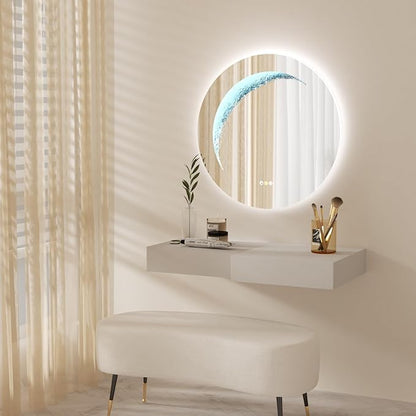 24'' Circle LED Mirror, Frameless Round Smart Mirror with Backlit & Half Moon Light, Anti-Fog, 3 Color Modes, Dimmable Wall-Mounted LED Vanity Mirrors for Bathroom, Bedroom, Entryway