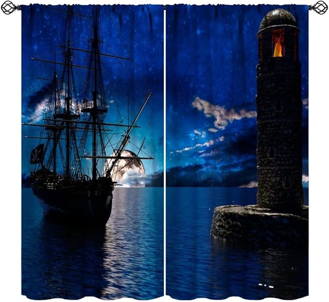 Pirate Ship Curtains, Nautical Sailboat Sailing Ocean Adventure Full Moon Cloudy Night Sky Old Lighthouse Print Blackout Window Treatments for Bedroom Living Room 42x63in