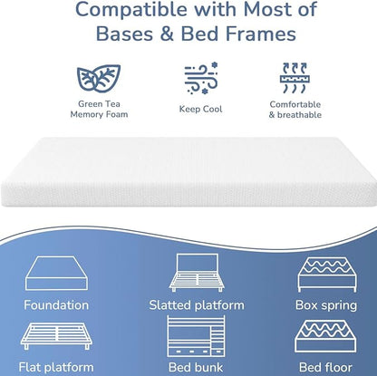 PayLessHere 5 Inch Twin XL Green Tea Memory Foam Mattress Cooling Gel Infused Mattress,Medium Firm Mattresses Fiberglass Free/CertiPUR-US Certified/Bed-in-a-Box/Pressure Relieving Twin XL Size,White