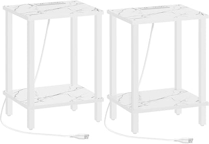 TUTOTAK End Table with Charging Station, Set of 2, Small Side Table, Nightstand Bedside Table, 2-Tier Storage Shelf for Small Space, Living Room, Bedroom, Marble White TB01BMW041