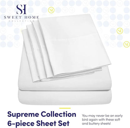 Sweet Home Collection 6 Piece 1500 Supreme Collection Brushed Microfiber Deep Pocket Bed Sheet Set-2 Extra Pillow Cases, Great Value, Rv Short Queen, White