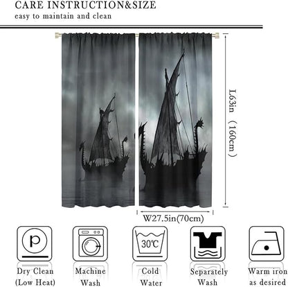 Viking Ship Blackout Curtains,Gloomy Misty Lake Landscape Fantasy Black White Color Sailing Dragon Boat Window Drapes for Boys Girls Bedroom Living Room,Norse Decor 55x63in