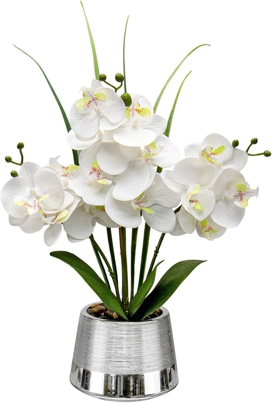 Artificial White Phalaenopsis Orchid Flower Arrangements Faux Orchid Flower in Silver Pot Orchid Centerpiece for Dining Room Table