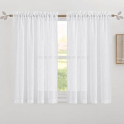 RYB HOME White Semi Sheer Curtains, Light Filtering Privacy Protection 2 Panels Set Linen Textured Small Window Treatments for Living Room Dining Bedroom, W 42 x L 54 inches, White, 2 Panels