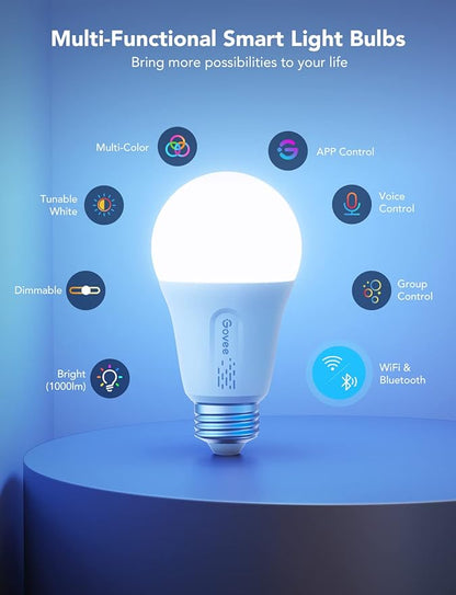 Govee LED Smart Light Bulbs, 1000LM Color Changing Light Bulb, Wi-Fi & Bluetooth Light Bulbs, Work with Alexa and Google Assistant, Dimmable RGBWW A19 75W Equivalent Smart Bulbs, 8 Pack