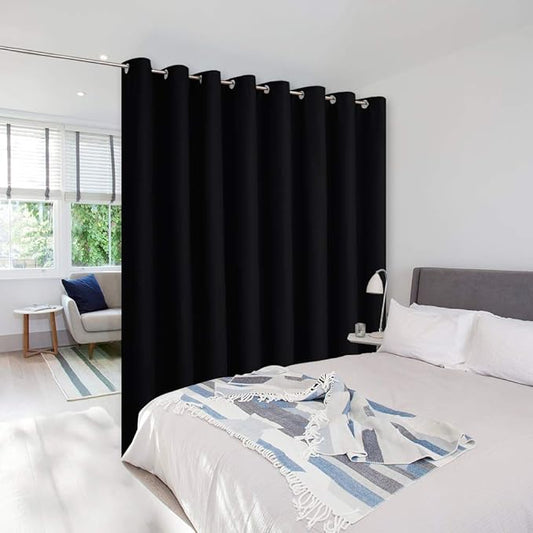 NICETOWN Closet Door Curtain, Room Dividers Panel Screens Partitions, Wide Width Grommet Top Modern Privacy Heavy Room Divider, Commercial Room Dividers (1 PCs, 7ft Tall x 15ft Wide, Black)