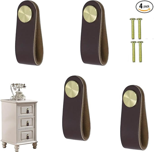 Leather Drawer Pulls and Knobs Soft Cabinet Handles Modern Cabinets Door Knob for Furniture Cupboards Wardrobe Dresser Decorative Handle with Screw 4 Pcs (Dark Brown)