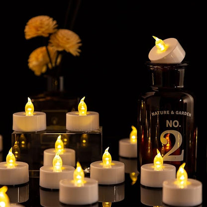 Hanzim Battery Tea Lights, 50 Pack LED Tea Light Candles 100 Hours Realistic Flickering Bulb Battery Operated Tea Lights for Seasonal Festival Celebration Electric Fake Candle in Warm Yellow