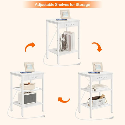 HOOBRO Side Table with Charging Station and USB Ports, Small End Table for Small Space, 3-Tier Nightstand with Adjustable Shelf, for Living Room, Bedroom and Balcony, White WW112BZ01