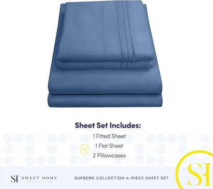 Queen Size Bed Sheets - Breathable Luxury Sheets with Full Elastic & Secure Corner Straps Built In - 1800 Supreme Collection Extra Soft Deep Pocket Bedding Set, Sheet Set, Queen, Denim
