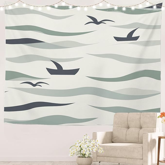 Batmerry Serene Seascape Waters Tapestry, Nautical Maritime Wall Art Hanging Decoration Polyester Fiber White Ruffled Around for Dorm Room Bedroom Living Room, 51.2x59.1 inches