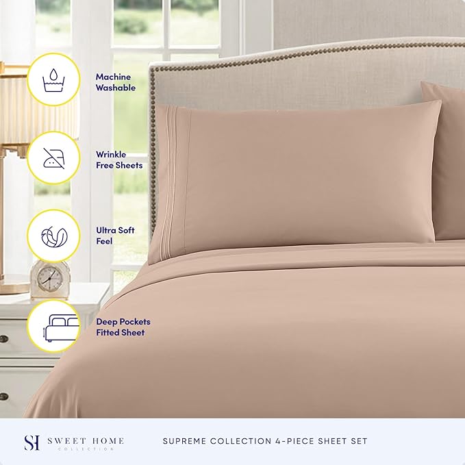Split King Sheets - Breathable Luxury Sheets with Full Elastic & Secure Corner Straps Built In - 1800 Supreme Collection Extra Soft Deep Pocket Bedding Set, Sheet Set, Split King Size, Taupe