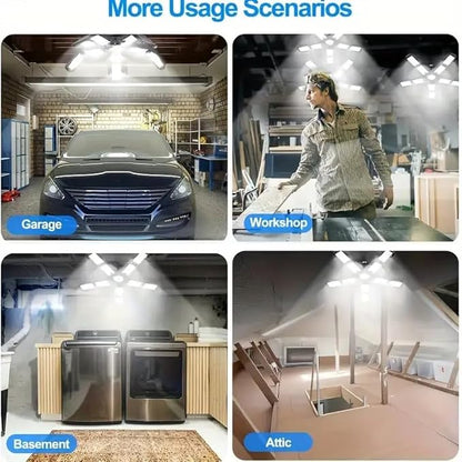 2 Packs LED Garage Light, Super Bright Screw in E26/E27 Ceiling Shop Work Lamp, 260W 26000 Lumen Deformable Basement Bulb Fixture with 10+1 Adjustable Panels, Lighting for Workshop, Attic