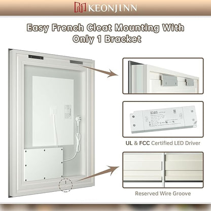 Keonjinn LED Mirror for Bathroom 20" x 28" with Frontlit and Backlit, Stepless 3 Colors Temperature & Dimmable, Double Light Strips, Tempered Glass, UL Listed LED Driver, Anti fog Frameless LED Mirror