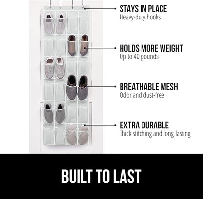 GORILLA GRIP Over the Door Shoe Organizer, 24 Large Breathable Mesh Pockets, Space Saving Hanging Storage Holder, Closet Rack Hanger Holds Up to 40 lbs, Hangs on Closets for Shoes, Accessories, White
