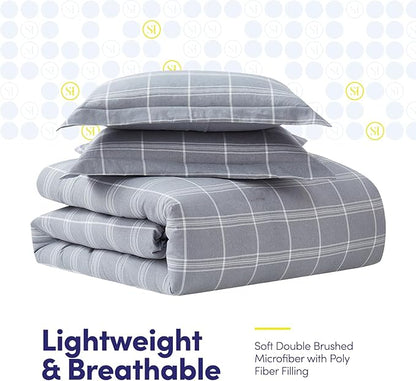 7 Piece Comforter Set Bag Solid Color All Season Soft Down Alternative Blanket & Luxurious Microfiber Bed Sheets, Queen, Gray Plaid