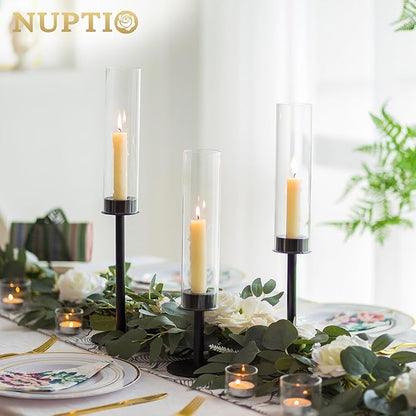 NUPTIO Hurricane Glass Candle Holders: 6 Pcs Black Metal Candlestick Tapered Holder with Clear Chimney Covers Bottomless Tall Modern Taper Candles Stick Cylinder Stand for Halloween Fireplace Decor