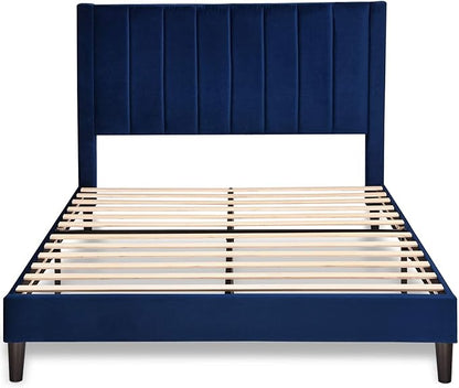Allewie Full Platform Bed Frame/Velvet Upholstered Bed Frame with Vertical Channel Tufted Headboard/Strong Wooden Slats/Mattress Foundation/Box Spring Optional/Easy Assembly/Navy Blue