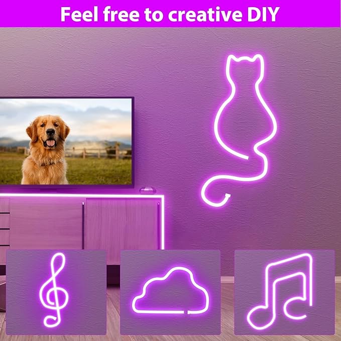 Lamomo LED Neon Lights Halloween, 16.4ft Purple LED Strip Light, 12V 0.39In/Cut Silicone Waterproof DIY Neon Rope Light for Bedroom Indoor Outdoor Decoration（Power Adapter not Included）