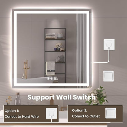 40"X28" LED Bathroom Mirror with Front Lights and Backlit, Anti-Fog, Dimmable, Shatter-Proof Tempered Glass, Lighted Bathroom Vanity Mirror for Wall with 3 Colors, Memory Function