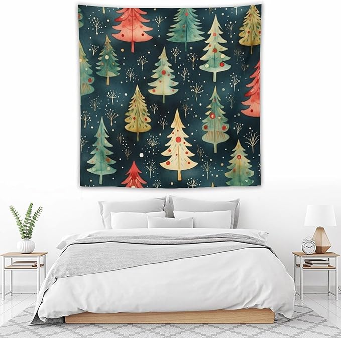 Tapestry Wall Hanging Vintage Christmas Tree Watercolor Tapestry Christmas Holiday Tapestry Aesthetic Wall Art Decor for Bedroom Living Room Dorm 60"x60" Tapestries Winter Snowflake Decorative