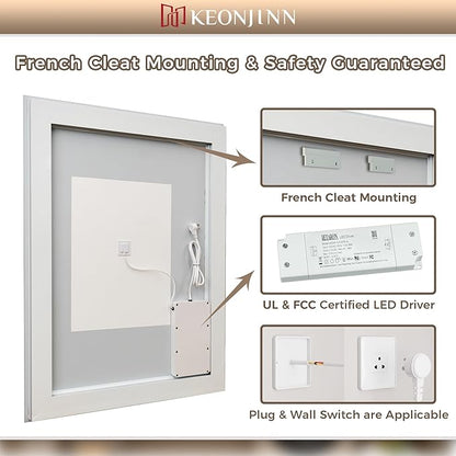 Keonjinn Bathroom LED Mirror 42 x 36 Inch Frontlit and Backlit, Stepless 3 Colors Temperature & Dimmable Tempered Glass Mirror, UL Listed LED Driver, Double LED Strips, Anti-Fog Lighted Vanity Mirror