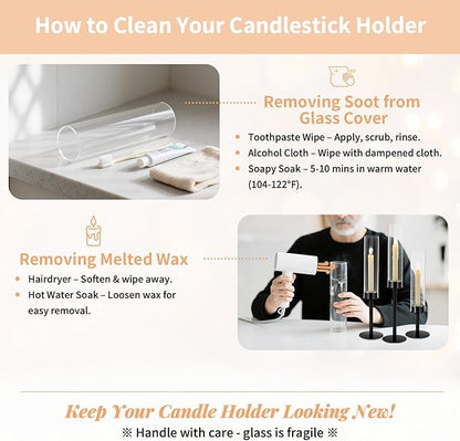 NUPTIO Hurricane Glass Candle Holders: 6 Pcs Black Metal Candlestick Tapered Holder with Clear Chimney Covers Bottomless Tall Modern Taper Candles Stick Cylinder Stand for Halloween Fireplace Decor
