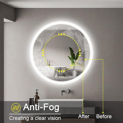 Wall-Mounted LED Round Bathroom Mirror, Makeup Mirror (32 inches x 32 inches,) 3 Color Stepless Dimmable Memory Bathroom Vanity Mirror with Lights CRI90+ 3000-6400K Smart Mirror with Touch