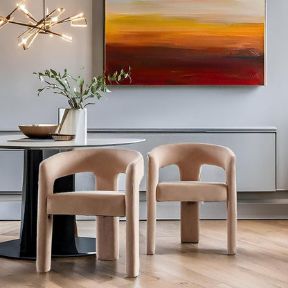 Modern Barrel Dining Chairs Set of 2 Upholstered Velvet Accent Side Chair with Arms Comfy Makeup Vanity Chairs, Dining Living Room Kitchen Chairs Armchairs, Khaki