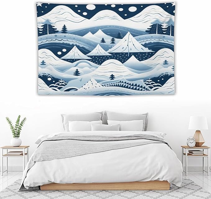 Snow Mountain Scandinavian Winter Tapestries Hello Winter Holiday Bedroom Tapestries Landscape Tapestry Wall Art Decor for Bedroom Living Room Dorm 60"x90" Tapestries Winter Snowflake Decorative