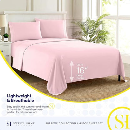 RV Queen Bed Sheets - Breathable Luxury Sheets with Full Elastic & Secure Corner Straps Built In - 1800 Supreme Collection Extra Soft Deep Pocket Bedding Set, Sheet Set, RV Short Queen, Pale Pink