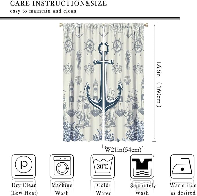Nautical Anchor Curtains, Vintage Sailboat Ocean Coastal Lighthouse Window Drapes, Navy Blue Coral Shell Seahorse Beach Print Blackout Window Treatments for Living Room Bedroom 42x63in