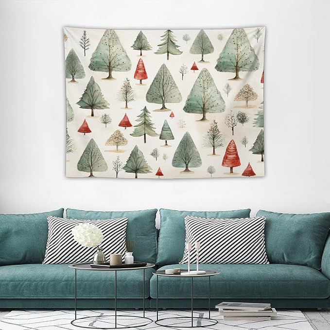 Tapestry Vintage Christmas Tree Watercolor Tapestry for Bedroom Aesthetic Happy Winter Holiday Wall Tapestry Wall Tapestry for Dorm Living Room Landscape 30"x40" Christmas Family Party
