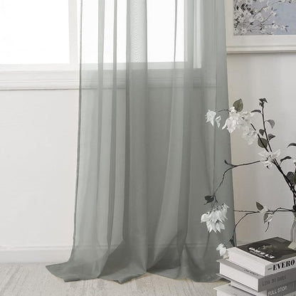 HUTO 2 Pieces Sage Grey Sheer Window Curtains Panels for Bedroom Rod Pocket Window Sheer Curtains Drapes 52 by 72 Inches Long for Living Room