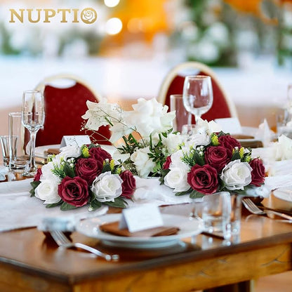 NUPTIO Flower Wedding Centrepieces for Tables - 2 Pcs 9.5in Diameter Burgundy & White Artificial Flowers Rose Ball for Centerpieces Table - Fake Rose Arrangements for Weddings Birthday Party Decor