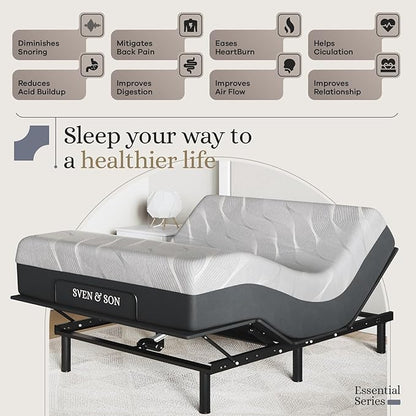 Sven and Son Essential Adjustable Bed Base (Frame) + 14 inch Hybrid Spring Matt (Medium Soft), Easy Assembly, Head and Foot Lift, Memory Positions, Zero Gravity, Wireless Remote - Full