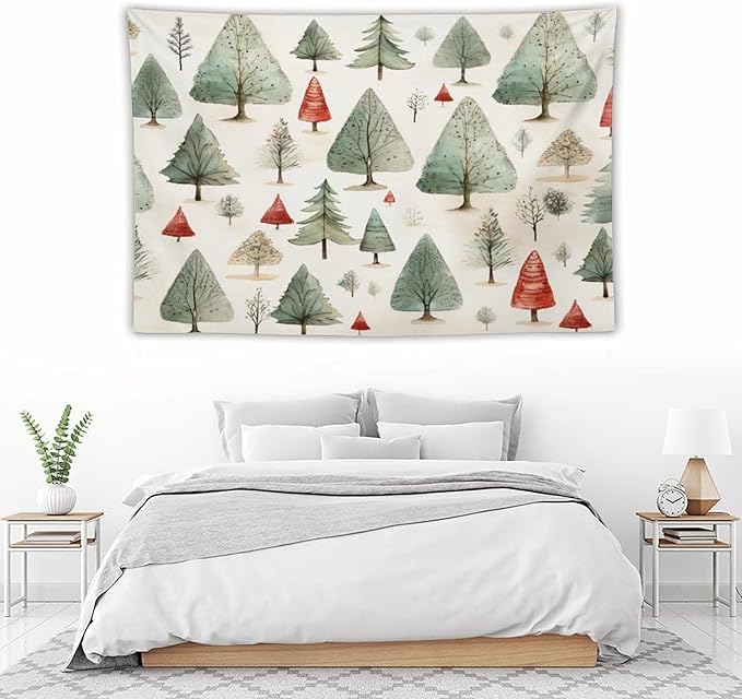 MaSiledy Tapestry Vintage Christmas Tree Watercolor Aesthetic Bedroom Tapestries Merry Christmas Winter Xmas Tapestry As Wall Art Wall Art for Bedroom Wall Hanging for Room Landscape 60"x90"