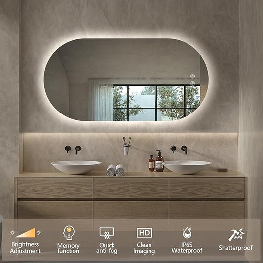 48"x24" Oval Led Mirror for Bathroom, Frameless Vanity Mirror with Lights, Modern Lighted Bathroom Mirror Wall Mounted, Anti Fog Smart Mirror with 3 Colors Dimmable, Vertical/Horizontal