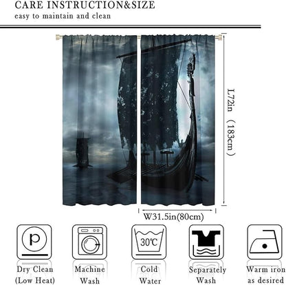 Viking Ship Curtains, Night Scene with Black Vikings Dragon Ship Sailing, Vintage Ancient Scandinavian Nautical Print Blackout Window Drapes for Boys Bedroom Living Room 63x72in