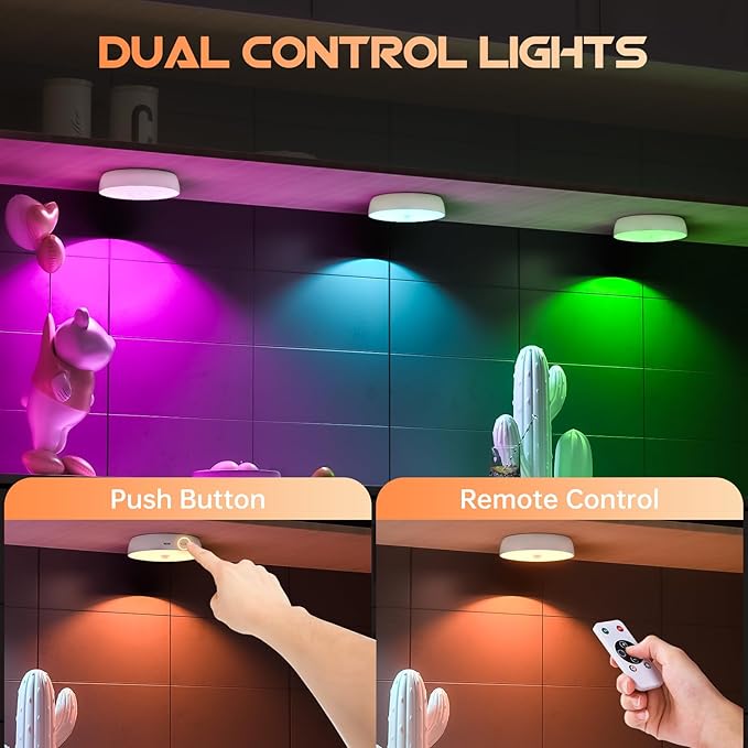 Motion Sensor Step Lights, 8 Colors Changeable RGB LED Closet Lights, USB Rechargeable Battery Operated Puck Light, Dimmable Under Cabinet Counter Kitchen Stair Lighting (5 Pack)