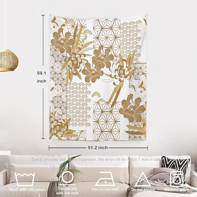 Batmerry Gold Japanese Floral Tapestry,Spring Wall Art Hanging Decoration Polyester Fiber White Ruffled Around for Dorm Room Bedroom Living Room, 59.1x51.2 inches