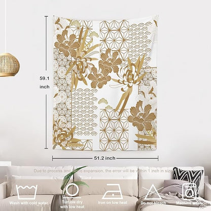 Batmerry Gold Japanese Floral Tapestry,Spring Wall Art Hanging Decoration Polyester Fiber White Ruffled Around for Dorm Room Bedroom Living Room, 59.1x51.2 inches