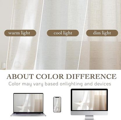 RYB HOME Linen Sheer Curtains Extra Long Window Drapes Light & Airy Translucent Panels for Bedroom Living Room, Office, Nursery, Rod Pocket Back Tab, Ivory, W 52 x L 102 inch, Set of 2
