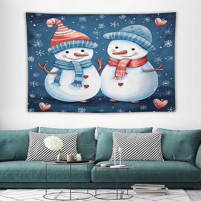 MaSiledy Snowman Couple Tapestries Funny Cute Snowman with Hat And Scarf Tapestries for Bedroom Aesthetic Landscape Tapestry Wall Hanging Decor Home Decoration for Bedroom Living Room Dorm 40"x60"