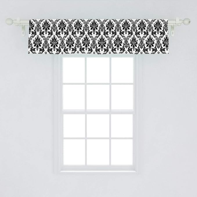 Lunarable Damask Window Valance, Vintage Style Pattern Classical Victorian Interior Design Elements Floral Print, Curtain Valance for Kitchen Bedroom Decor with Rod Pocket, 54" X 12", Black White
