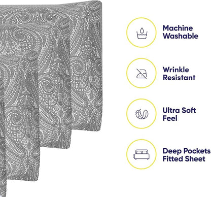 Twin Size Bed Sheets - 4 Piece 1500 Supreme Collection Fine Brushed Microfiber Deep Pocket Twin Sheet Set Bedding - 1 EXTRA PILLOW CASES, GREAT VALUE, Twin, Paisley Gray